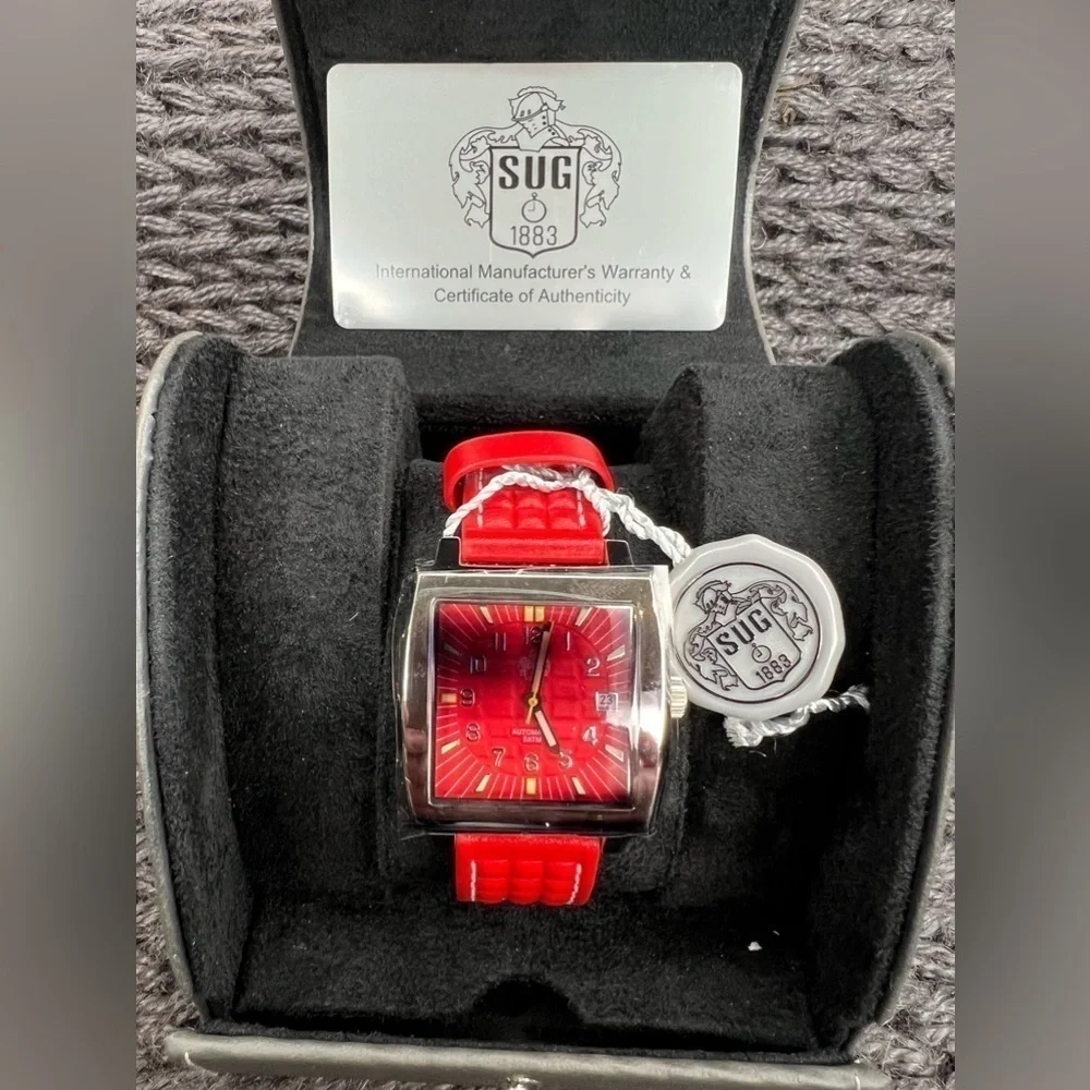 T006. SUG Red Automatic Mens Watch, Leather Strap. Pristine Condition
